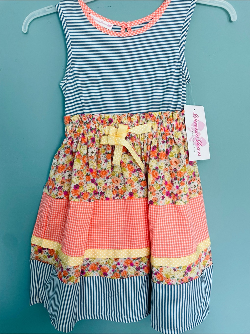 Bonnie Jean Navy Stripe, Coral & Yellow Mixed-Print Tiered Dress
